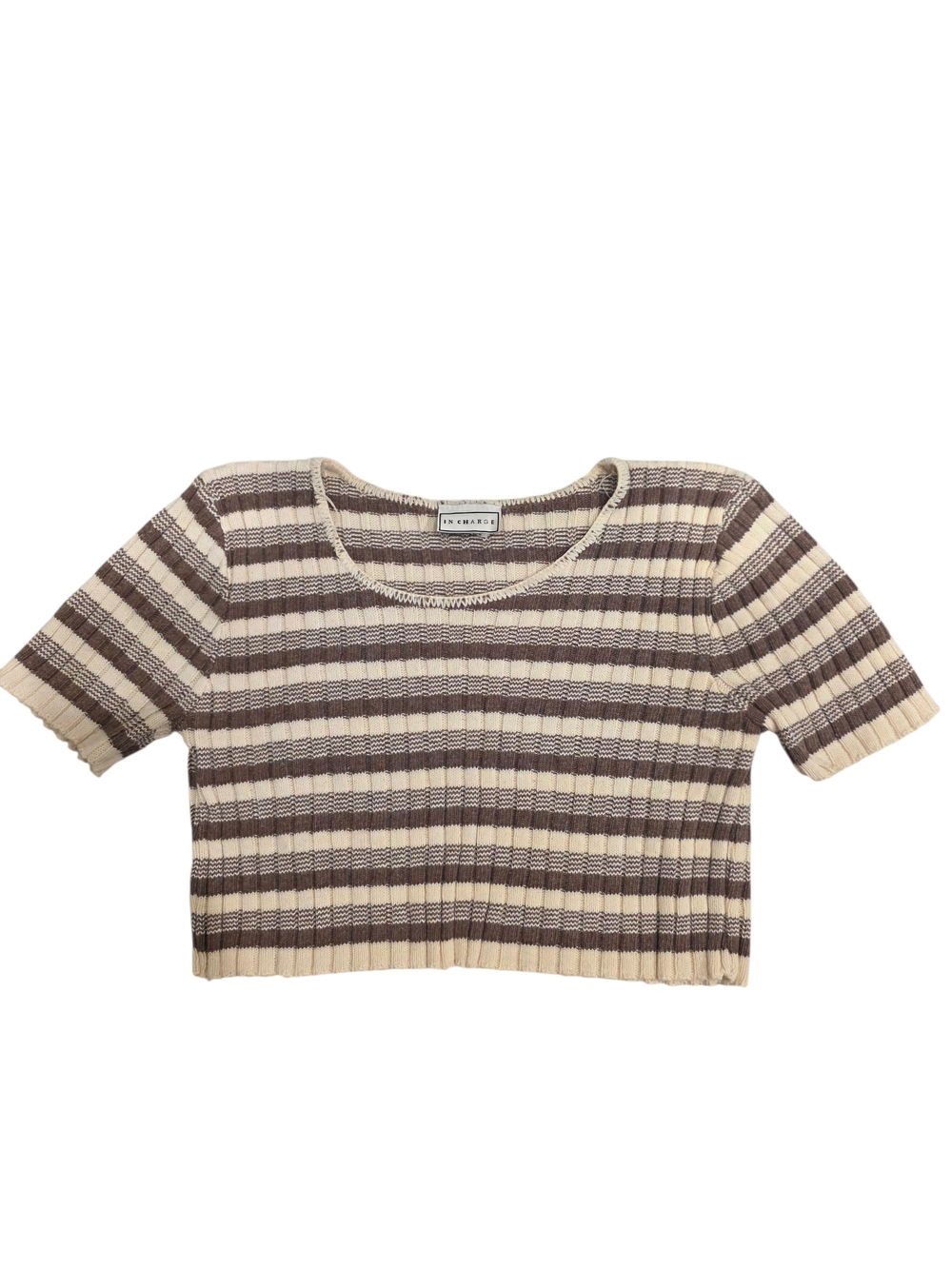 Y2K Striped Ribbed Knit Crop Sweater - Cream & Brown